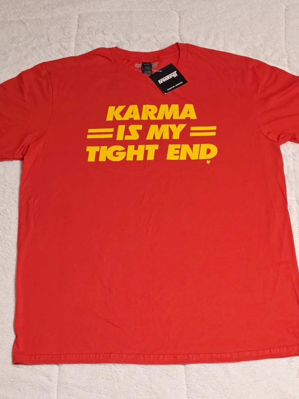 BreakingT Red Short-Sleeve Tee with 'Karma Is My Tight End' Graphic